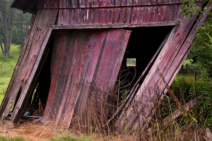 Old red leaning Ohio barn farmland scenery photography