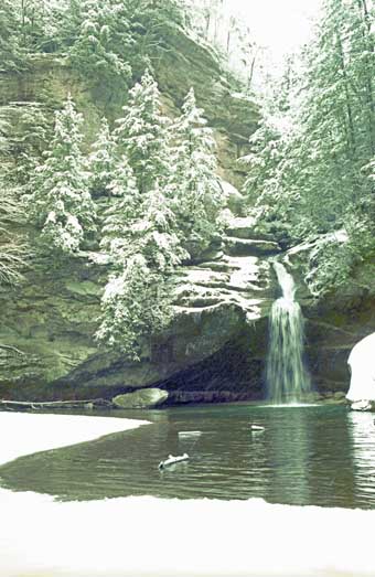 Snow covered lower Falls Hocking Hills