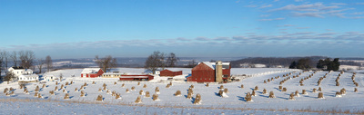 Amish farmland in Holmes County, Ohio covered in winter snow