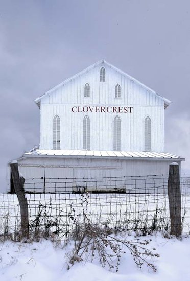 White winter barn Clovercrest